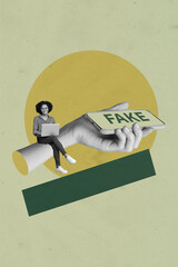 Vertical artwork pop collage of minded girl guy stand hand hold phone device fake news propaganda...