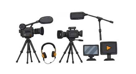 Cartoon Illustration of Video Production Equipment Set