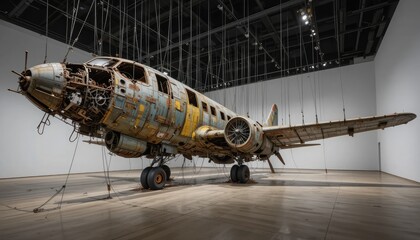 Decaying airplane suspended in exhibition space installation