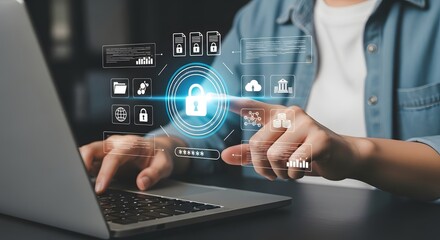 Data security concept person using laptop with security lock digital interface overlay