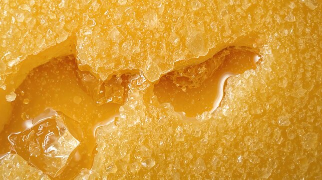 Close-up of Golden Honeycomb Texture with Dripping Honey Detailed View