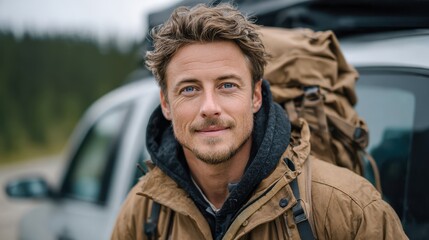 Adventurer stands with a smiling expression amid nature's embrace