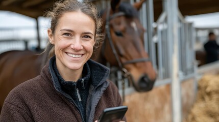 Woman smiling with horse in stable while using smartphone during daylight