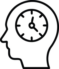 Human head outline with clock inside, line art style symbolizing time management