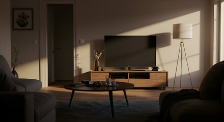 A neutral-toned, modern living room interior with natural light streaming in features a minimalist aesthetic, perfect for advertising furniture, home decor, or real estate.