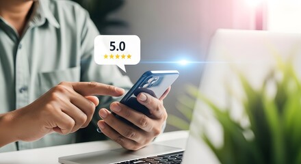 Customer reviews online concept showing five stars on smartphone for best user experience