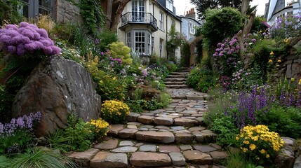 Obraz premium Elegant Stone Terraced Garden with Paths and Flowers Display 