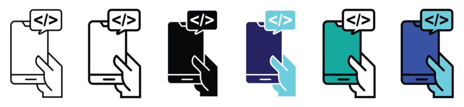 Set of Mobile App Coding Icons &ndash; Hand Holding Smartphone with Code Symbol in Multiple Styles