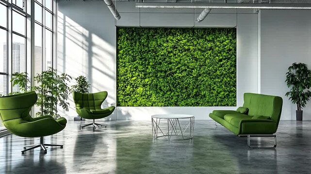 Modern office space with a green wall and comfortable seating