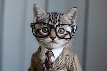 A closeup portrait of a charming tabby kitten dressed in a suit and tie, wearing large glasses