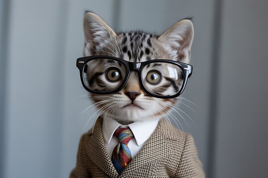 A closeup portrait of a charming tabby kitten dressed in a suit and tie, wearing large glasses - Powered by Adobe