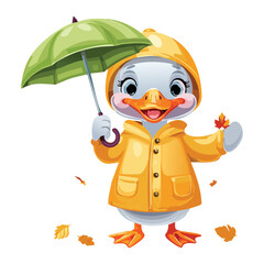 Sweet Duckling with Green Umbrella in Yellow Raincoat
