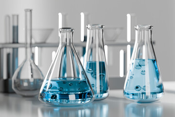 3D rendering of laboratory glassware with blue liquid for scientific research
