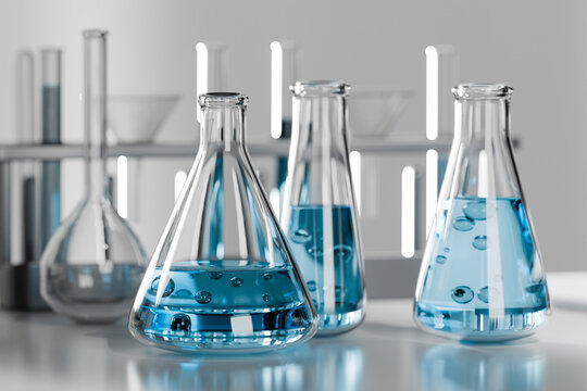 3D rendering of laboratory glassware with blue liquid for scientific research