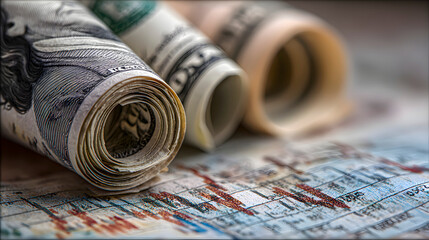 Rolled US Dollar Bills on Financial Chart, Close-Up Macro View