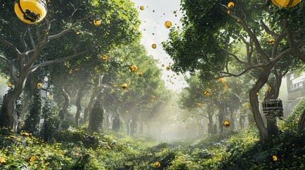 Surreal forest landscape with glowing spheres floating amidst trees and foliage