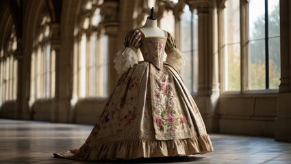 Naklejka premium Elaborate floral gown with ruffled sleeves historical dress