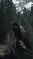Fototapeta premium Close-up of a raven standing on a gloved black hand in a misty forest