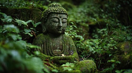 Fototapeta premium Weathered stone Buddha statue sits peacefully amidst lush, vibrant greenery
