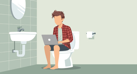A young man is sitting on the toilet in the bathroom, absorbed in his laptop, illustrating modern work habits and the integration of technology.
