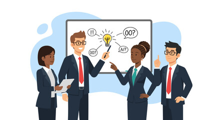 A diverse team of business professionals collaborates on new ideas, brainstorming solutions during a presentation in a modern office setting.