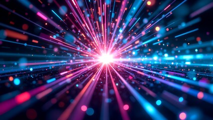 Fototapeta premium A radiant burst of multicolored light beams and particles emanate from a central bright point, creating a dynamic and futuristic visual effect.