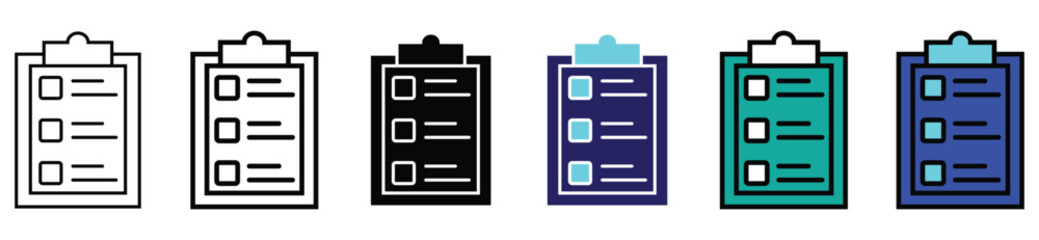 Clipboard Checklist Icon Set – Document To-Do List Symbol in Multiple Styles

