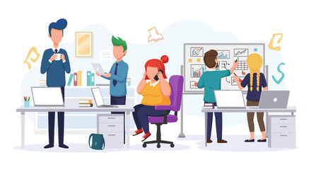Vector illustration depicts a modern office space with diverse team members collaborating on projects, using laptops, phones, and whiteboards for communication.