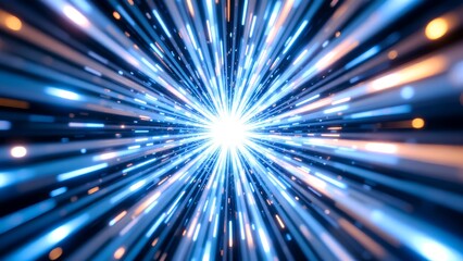 Bright blue and white light rays radiate outward in a dynamic, high-speed pattern, creating a sense of motion and energy.