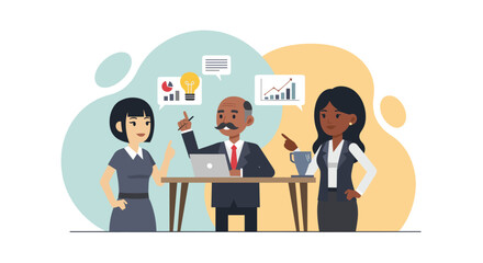 Fototapeta premium A diverse team of business professionals collaborates during a productive meeting, brainstorming new ideas and discussing strategic plans.