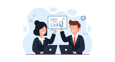 A cheerful business team, a man and a woman, collaborate on a project, analyzing data and charts to strategize business growth and success with laptops.
