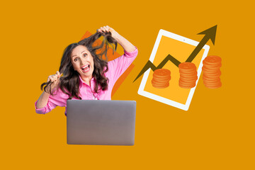 Full 3d poster art pop collage of happy businesswoman businessman sit office laptop arrow progress...