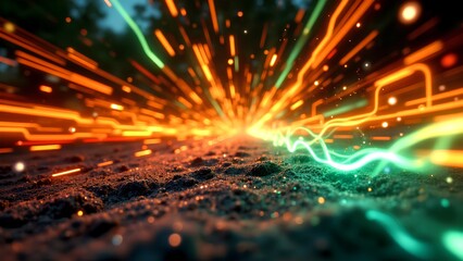 A vibrant abstract image depicting glowing orange and green light trails over a textured dark surface, resembling futuristic energy or data streams.