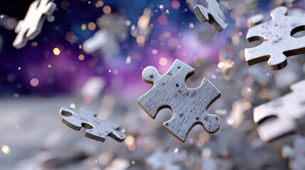 Puzzle pieces float in a cosmic space filled with sparkling stars