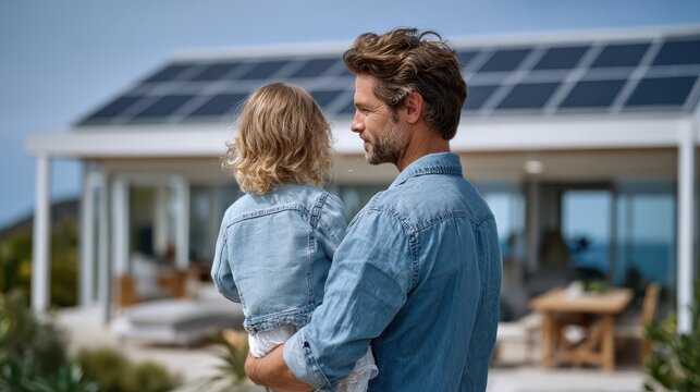 Father and daughter bonding on a sunny day at an eco-friendly home - Powered by Adobe