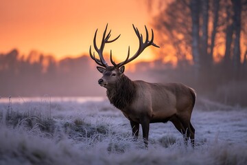 A majestic stag with large antlers stands in a frosty field at sunrise