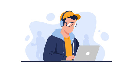 A young man wearing a hat and headphones works on a laptop, likely in a modern office setting, with a focus on technology and digital work.