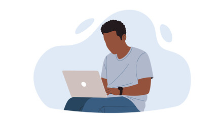An illustration depicts a person with dark skin, sitting cross-legged, focused on a laptop, representing remote work or online activity in a modern, stylized manner.