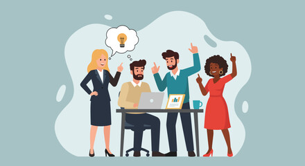 A diverse business team collaborates on new ideas, brainstorming solutions and fostering innovation in a modern flat illustration style.