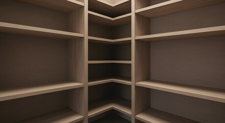 Empty corner wooden shelving unit with multiple shelves. Interior design element with neutral tones for storage or display.