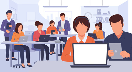 A diverse group of business professionals working together in a modern office setting, utilizing laptops and tablets for collaborative projects and tasks.