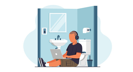 A young man wearing headphones sits on the floor in the bathroom with a laptop, working remotely in an unusual, humorous, and isolated environment.