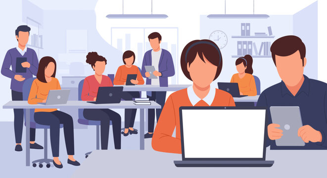 A diverse group of business professionals working together in a modern office setting, utilizing laptops and tablets for collaborative projects and tasks.