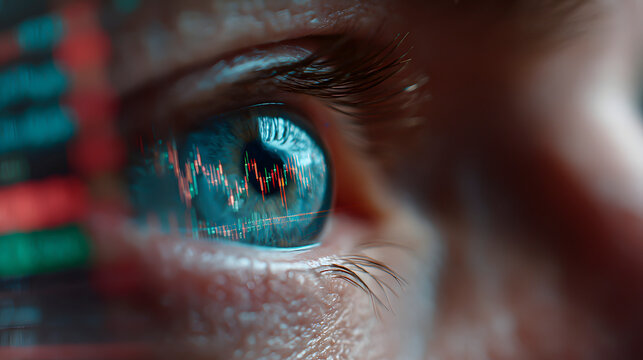 Close-up of Eye Reflecting Stock Market Data, Financial Analysis, Investment Trends