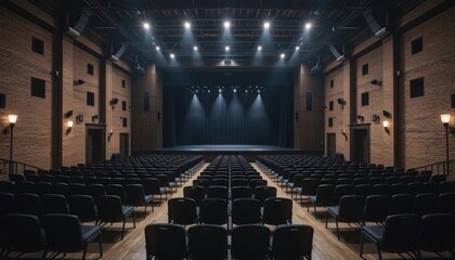 Naklejka premium Empty theater stage with rows of dark seats auditorium