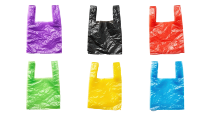Assortment of colorful plastic carrier bags on black backdrop highlights waste reduction, sustainability, and environmental consciousness, transparent background
