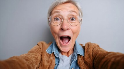 Surprised senior woman taking a selfie with open mouth and exaggerated expression