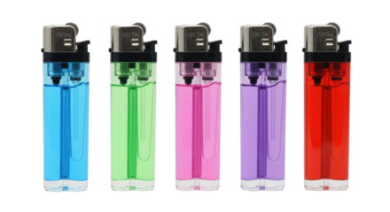 Vibrant collection of lighters showcasing blue, green, pink, purple, and red, perfect for showcasing colors or highlighting the variety of everyday objects, transparent background