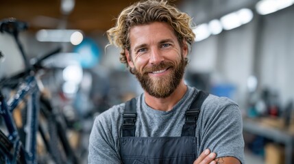 Friendly bike mechanic assisting customers in a bustling workshop environment