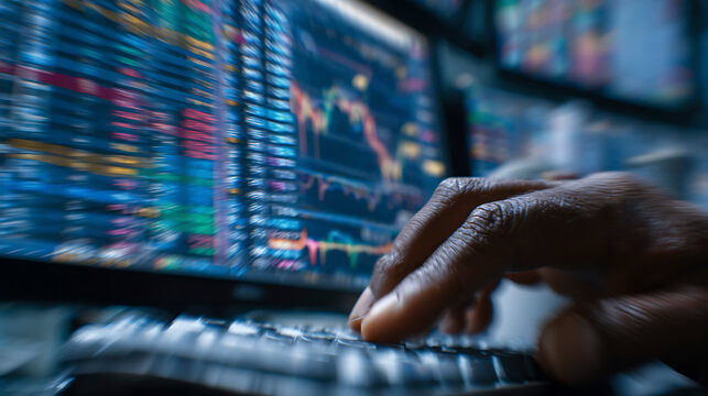 Trader's Hand on Keyboard with Stock Market Charts on Screen